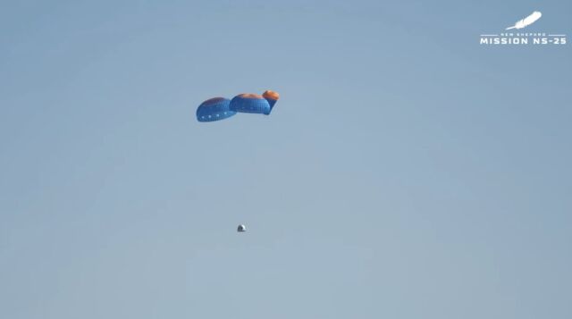 One of the three main parachutes on the Blue Origin crew capsule did not fully inflate before landing.