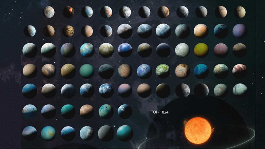 Lots of different exoplanet illustrations neatly organized in a grid pattern. They