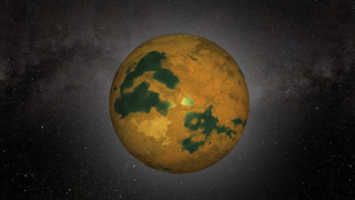 a golden and brown planet in space, with thousands of stars behind it