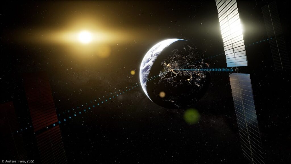 tiny satellites, one out of frame on the bottom left, one on the right with giant twin solar panels, beam blue dotted lines down to a shadowed earth. The sun shines smaller in the top left distance.