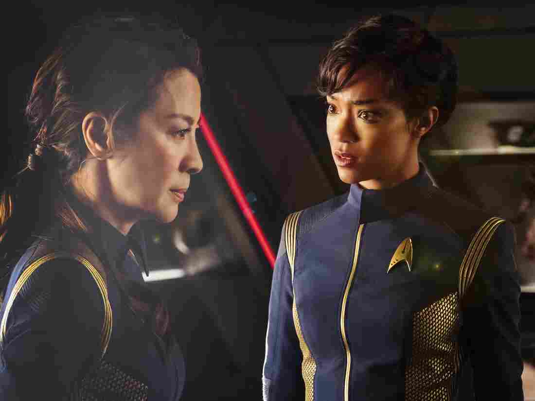 Michelle Yeoh as Captain Philippa Georgiou and Sonequa Martin-Green as First Officer Michael Burnham in the very first episode of Star Trek: Discovery.