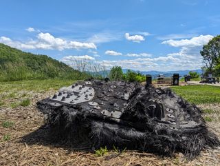 a large black piece of fiberglass covered in bolts and metal plates lies on the ground next to a path leading into a forest.  we can see the mountains rolling in the distance