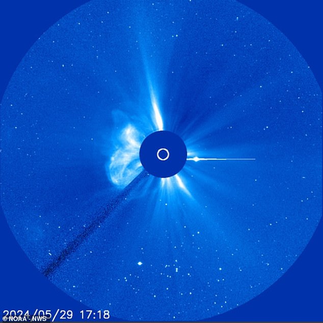 Upcoming solar storm Friday and Saturday, produced by an X1.4 CME solar flare (pictured, left of center above) ejected yesterday by Sunspot AR3697.  The CME from the eruption has already caused 