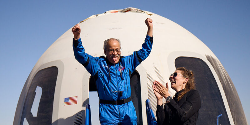 Ed Dwight, 90, leaves the Blue Origin crew capsule on Sunday after a 10-minute flight to the edge of space.