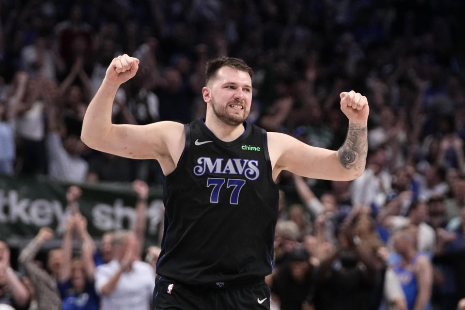 Dallas Mavericks guard Luka Doncic celebrates during the second half of Game 6 of a second-round NBA basketball playoff series against the Oklahoma City Thunder, Saturday, May 18, 2024, in Dallas.  (AP Photo/Tony Gutiérrez)