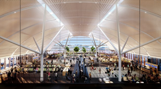 A rendering that shows a view from the south end inside the Satellite 1 concourse at O'Hare International Airport.  (SOM and Norviska)