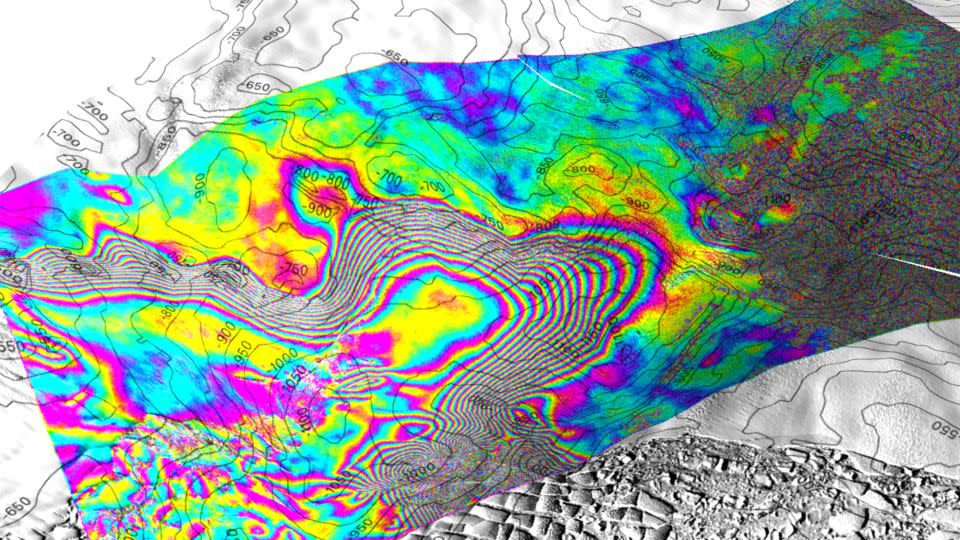 A view of tidal movement on the Thwaites Glacier in West Antarctica, recorded by the Finnish commercial ICEYE satellite mission, based on images acquired on May 11, 12 and 13, 2023. - Eric Rignot/UC Irvine