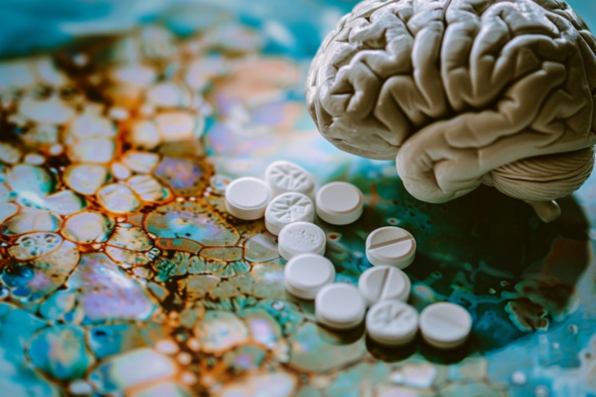 It shows pills and a brain.