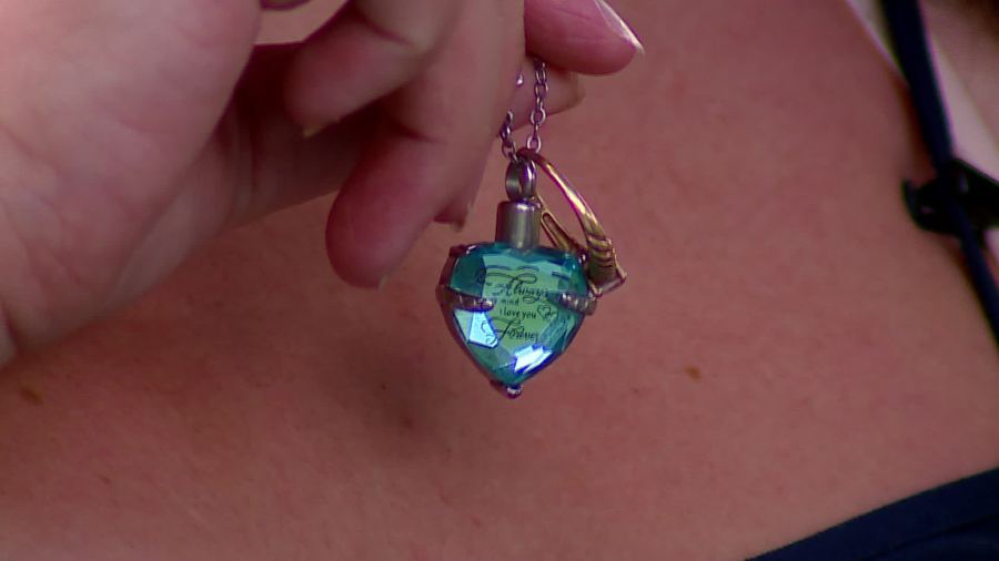 Shanna Nickelson memorial necklace in honor of her sister, Amanda Nickelson.  (May 28, 2024)