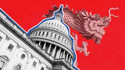 A montage of the US Capitol building with a Chinese dragon hovering above