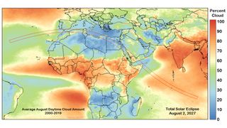 map showing the percentage of cloud cover in August during the period of the total solar eclipse.  orange-red areas show 100 percent cloud cover and blue regions show near zero cloud cover.