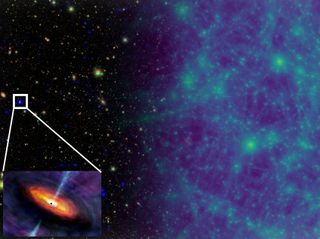 A spatial expanse that changes from starry black on the left to gaseous blue on the right half.  A white square captures a small purple star on the left.  White lines extend from the bottom corners to a lower left image of yellow and red gas encircling a black dot that casts white light from top to bottom.