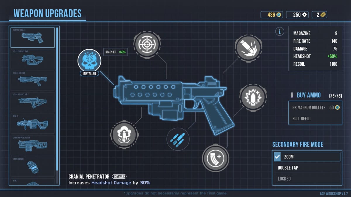 An overview of Selaco's weapon upgrades.