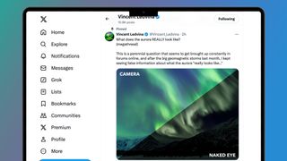 A laptop displaying X (formerly Twitter) with a photo of the Northern Lights by Vincent Ledvina