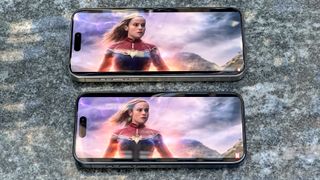 iPhone 15 Pro and iPhone 15 Pro Max showing The Marvels trailer