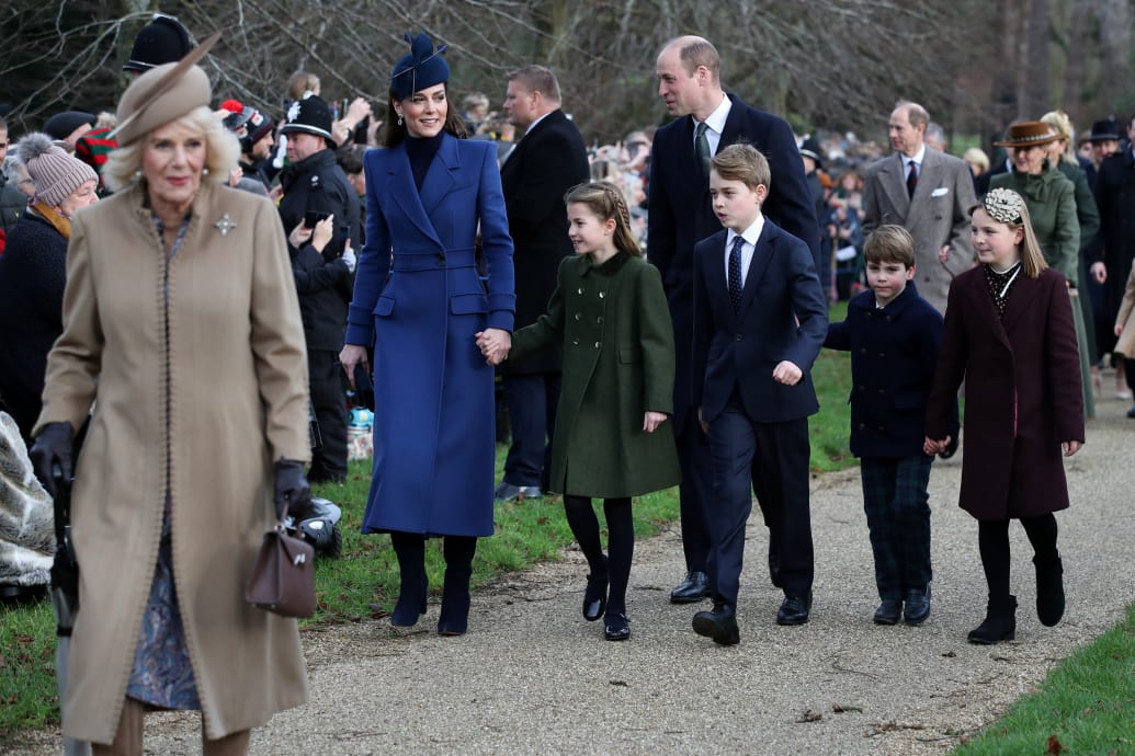 Queen Camilla, William, Prince of Wales, Catherine, Princess of Wales, Prince George, Princess Charlotte, Prince Louis and Mia Tindall arrive to attend the Royal Family Christmas service at St Mary's Church -Madeleine, December 25, 2023.