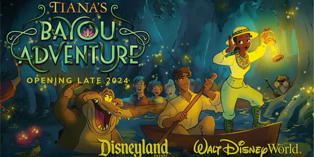 An official poster announcing Tiana's Bayou Adventure, opening late 2024.