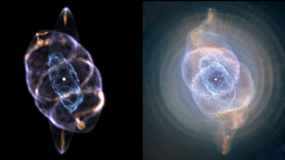 On the left is the 3D model of the Cat's Eye Nebula, which looks like a purple structure with a blue structure inside.  The background is black.  On the right is a very similar structure, but lighter in color and appears to radiate light.