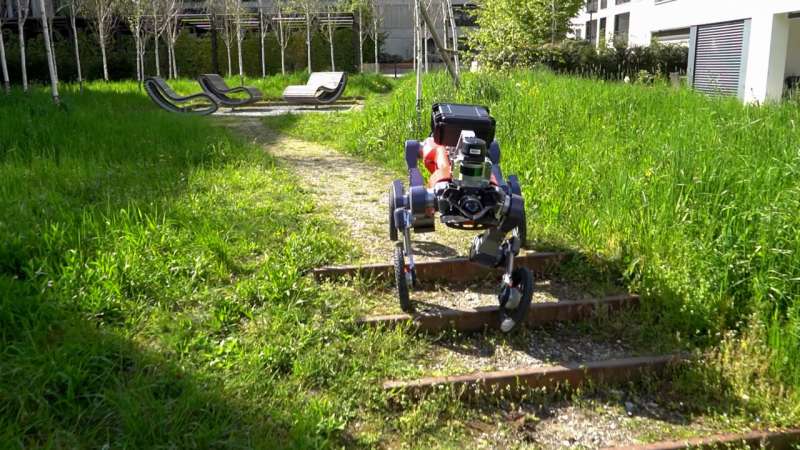 A robot with wheels and legs that navigates autonomously