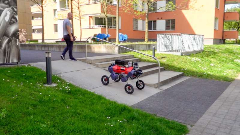 A robot with wheels and legs that navigates autonomously