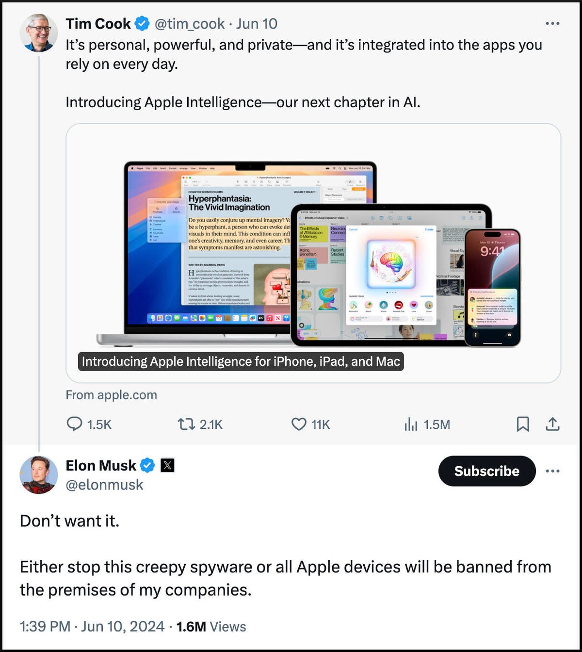 a response on X from Elon Musk to Tim Cook's announcement on Apple Intelligence, reading, 