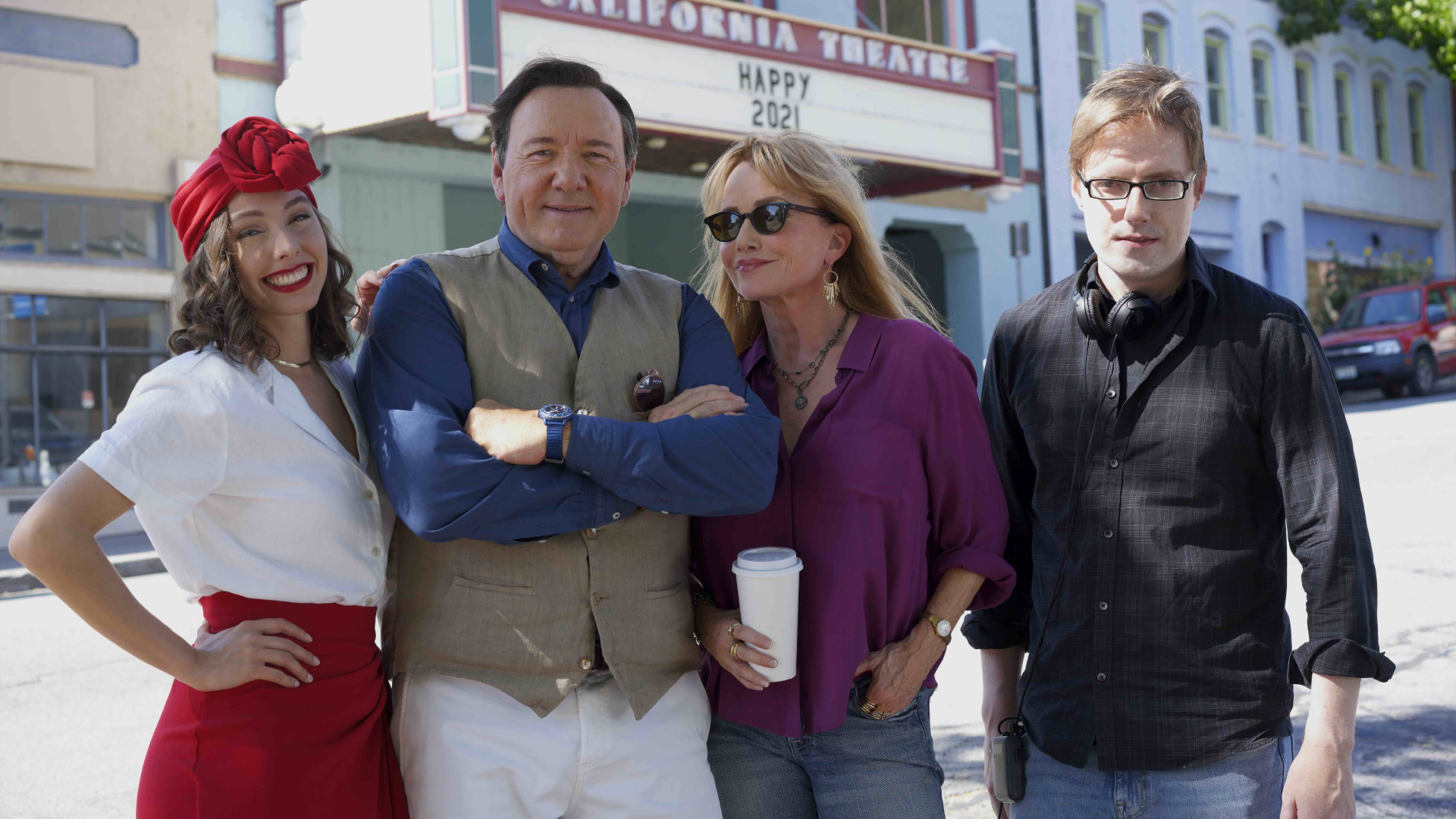 Jet Jandreau, Kevin Spacey, Rebecca De Mornay and Michael Zaiko Hall on the set of “Peter Five Eight”.