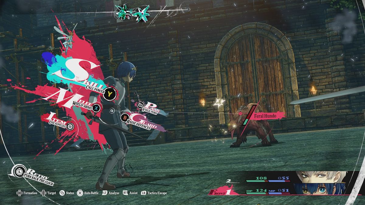 A screenshot depicting a turn-based battle in Metaphor: ReFantazio, with a playable character on the left side ready to attack, and a monster labeled as 