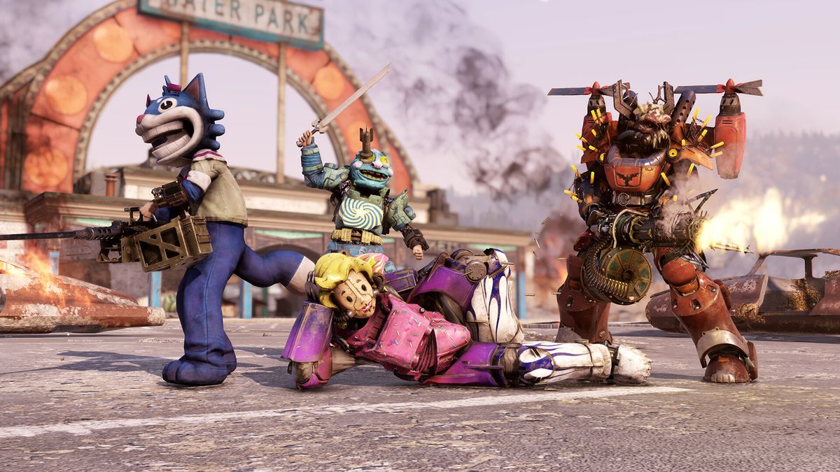 A group of players pose in a selection of wild and crazy outfits, including hot pink power armor, an animal mascot outfit, and a huge spiked suit with a minigun.