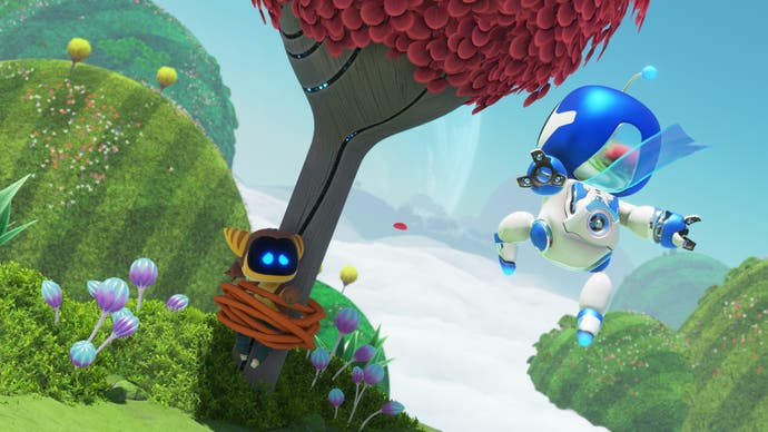 Official Astro Bot screenshot showing Astro jumping towards a robot tied to a tree