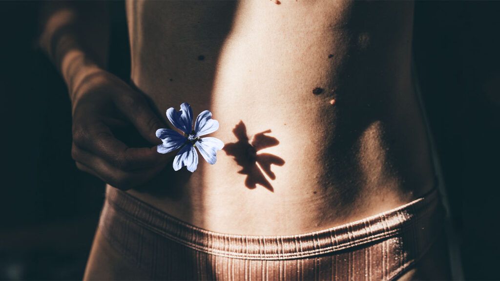 A person holds a flower in front of their abdominal region as it casts a shadow on their skin