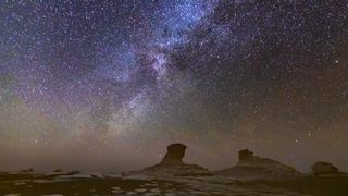 Magnificent starry sky over a desert landscape in the White Desert.  Egypt