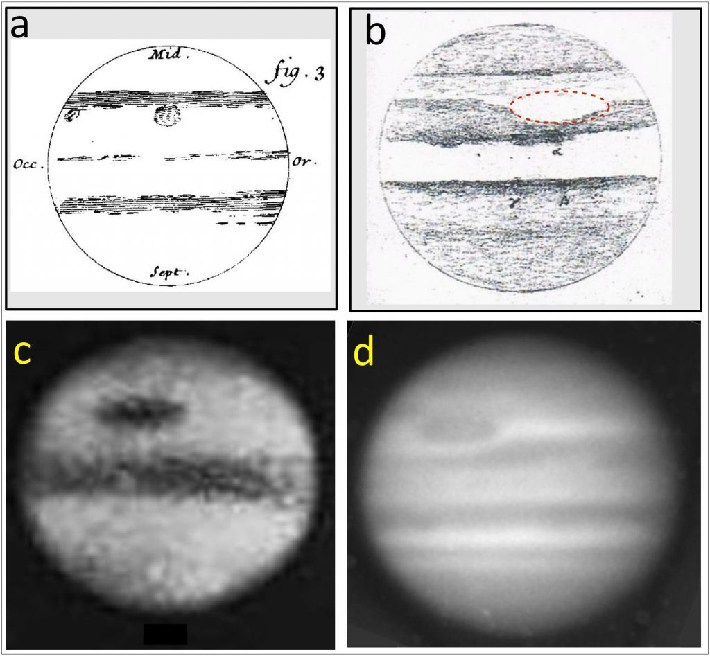 Four views of Jupiter and its GRS.  a is a drawing of the permanent stain made by GD Cassini from January 19, 1672. b is a drawing by S. Swabe from May 10, 1851. It shows the GRS area as a clear oval with boundaries marked by its hollow (drawn by a red dotted line).  double).  c is a photograph by AA Common from 1879. d is a Lick Observatory photograph with a yellow filter from October 14, 1890. Each image is an astronomical image of Jupiter with south up and east down .  Image credit: Sánchez-Lavega et al.  2024.