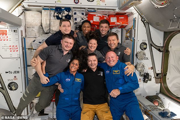 Crew aboard the ISS: Front, from left, Suni Williams, Oleg Kononenko and Butch Wilmore.  Second row from left: Alexander Grebenkin, Tracy C. Dyson and Mike Barratt.  In the background, Nikolai Chub, Jeanette Epps and Matthew Dominick