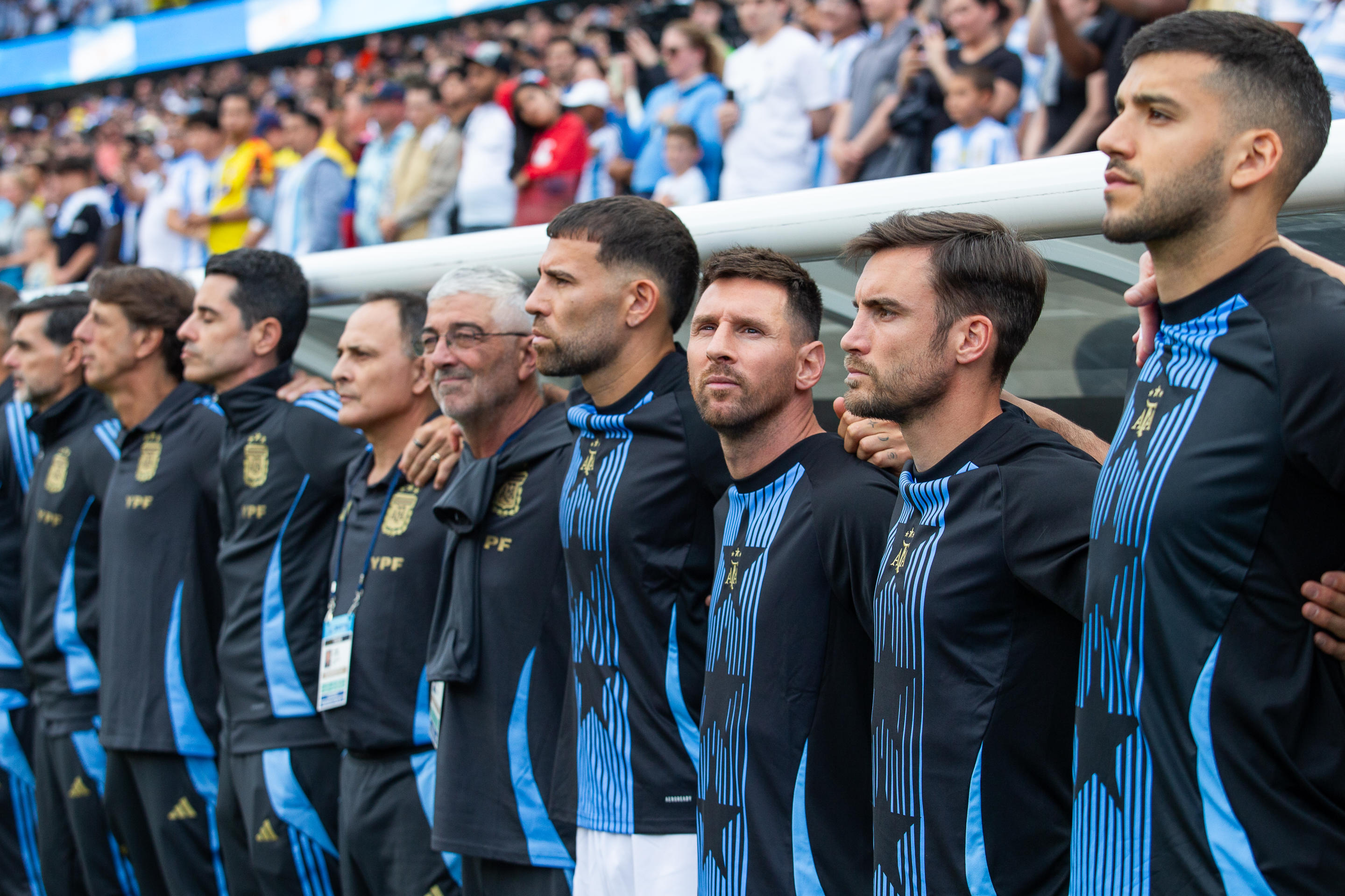 CHICAGO, IL - JUNE 9: Lionel Messi #10 of Argentina watches from the substitutes' bench before the national anthem before a match between Ecuador and Argentina at Soldier Field on June 9, 2024 in Chicago, Illinois.  (Photo by Michael Miller/ISI Photos/Getty Images)