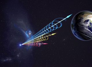 Artist's impression of a fast radio burst (FRB) reaching Earth, with colors signifying different wavelengths.