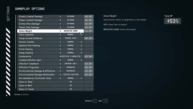 A screenshot of Starfield's menus shows the load capacity options.