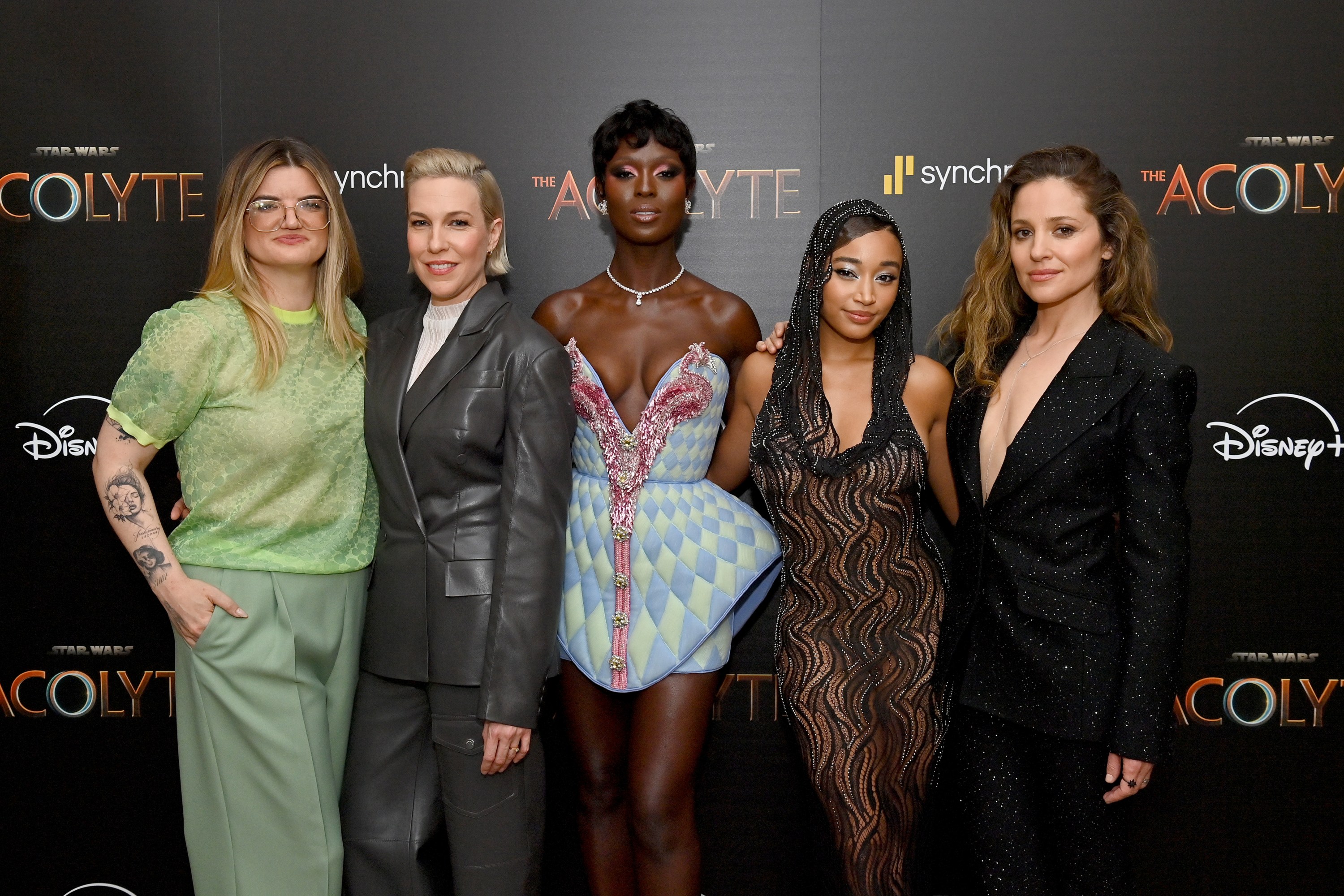 From left, Leslye Headland, Rebecca Henderson, Jodie Turner-Smith, Amandla Stenberg and Margarita Levieva attend the NY Cinema Society event for Lucasfilm's new Star Wars series The Acolyte at the Whitby Hotel on June 3, 2024 At New York.