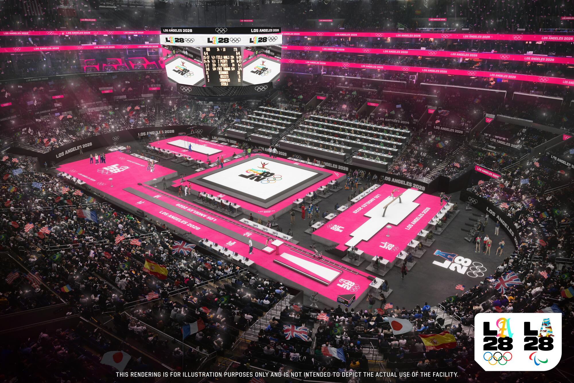 An artist's rendering shows the 2028 Los Angeles Olympics gymnastics competition under neon pink lights at the Crypto.com Arena.