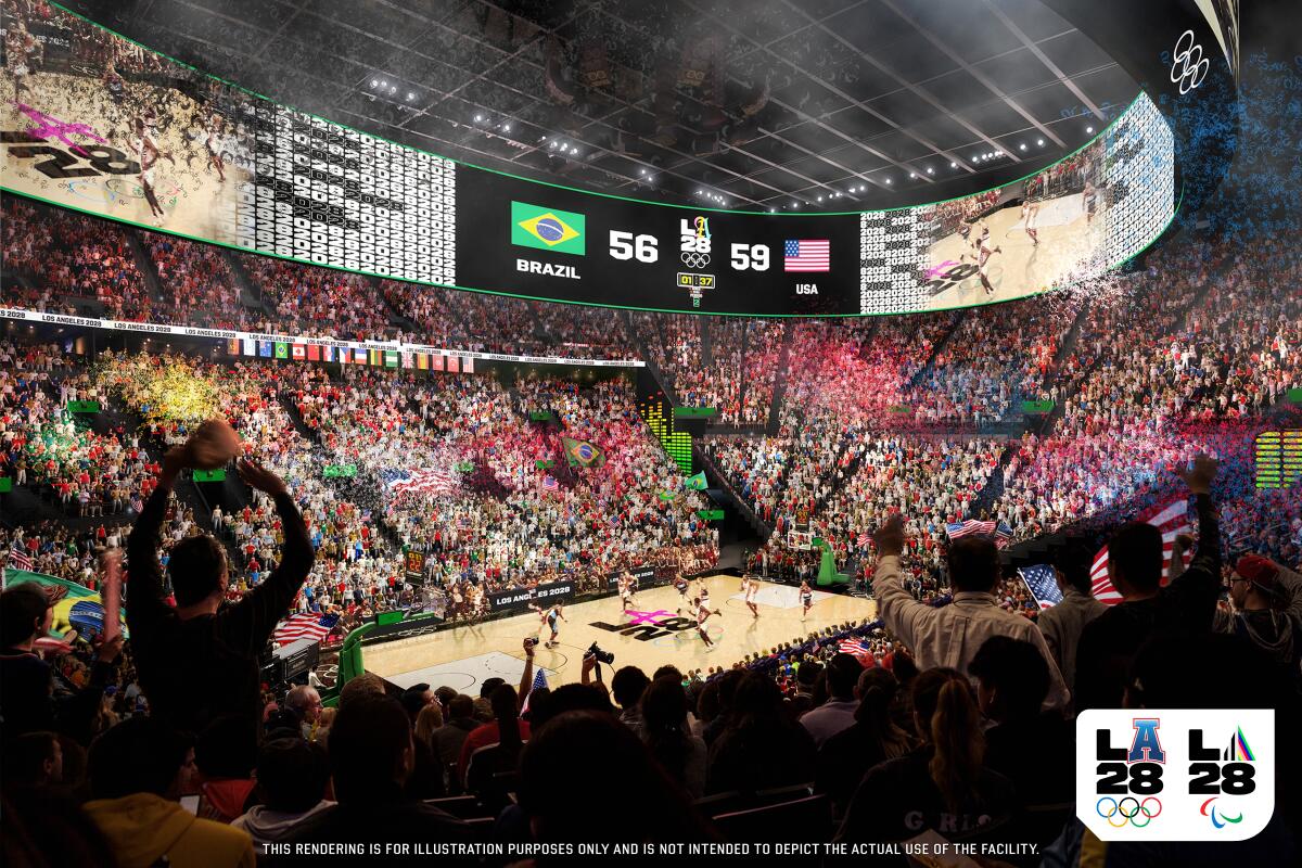 Artist's rendering of the 2028 Los Angeles Olympics basketball competition at the Intuit Dome in Inglewood.