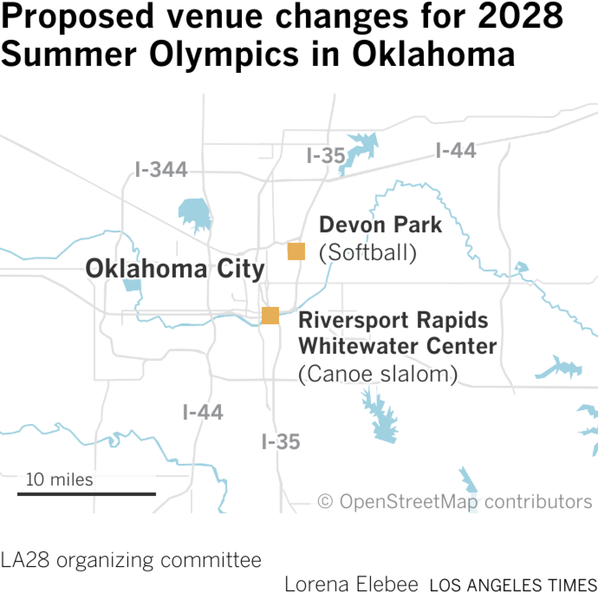 Map showing proposed site changes for the 2028 Summer Olympics in Oklahoma City.