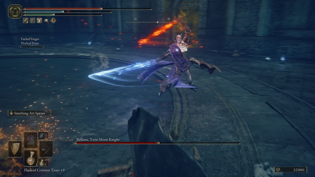 Rellana lunges at a player with swords imbued with fire and fire in the Elden Ring DLC