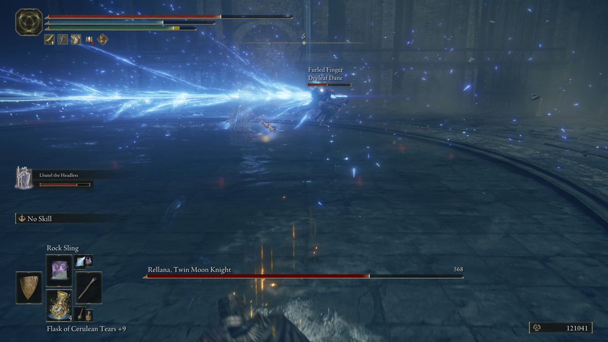 Rellana sweeps the area with a huge, glowing blue Carian sword in Elden Ring