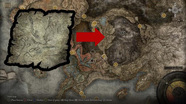 The 1st ruins map suggests you head to an area in the southeast of the world, as shown in this image.