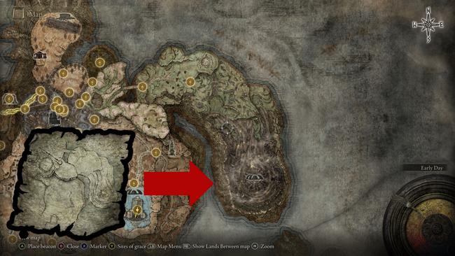 The second ruins map points to an area at the top right of the Elden Ring DLC ​​map.