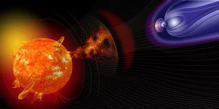 an image of the sun and Earth (not to scale) with the sun emitting orange rays which impact a series of blue rays radiating from Earth