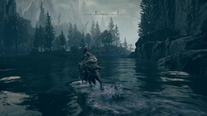 A warrior crosses a shallow river en route to the Cerulean Coast in Elden Ring Shadow of the Erdtree.