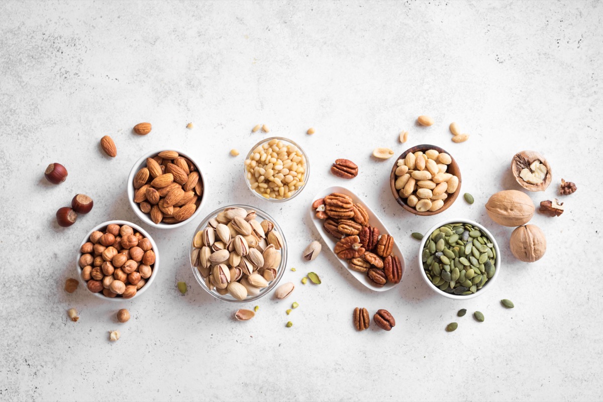 Nuts and seeds in small bowls