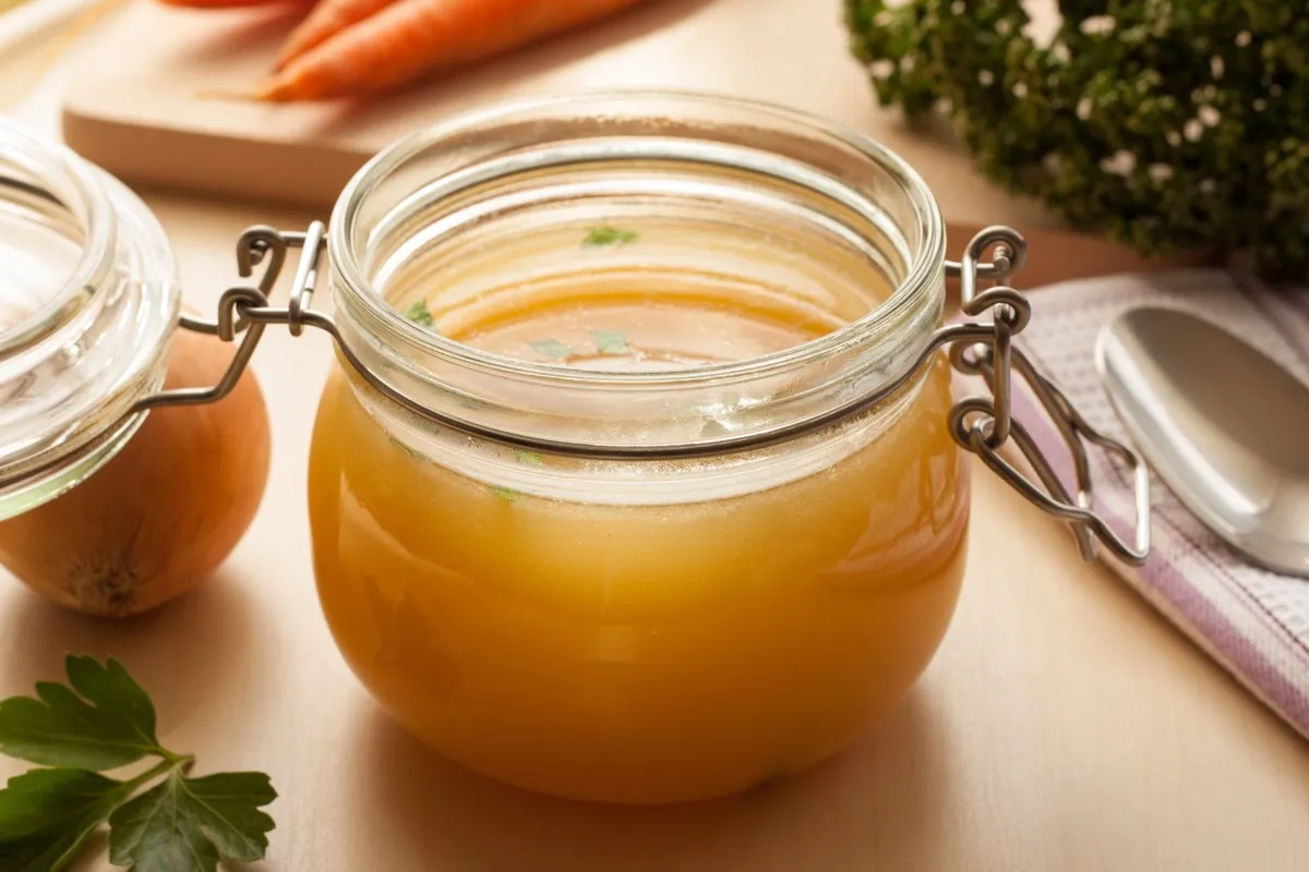 Bone broth in a glass jar, with carrots, onions and parsley in the background