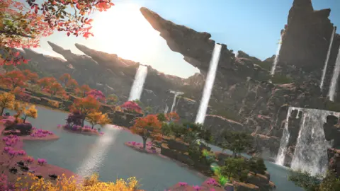 Square Enix An image from Final Fantasy showing colorful trees, a waterfall and blue water, with tall rocks and hills.