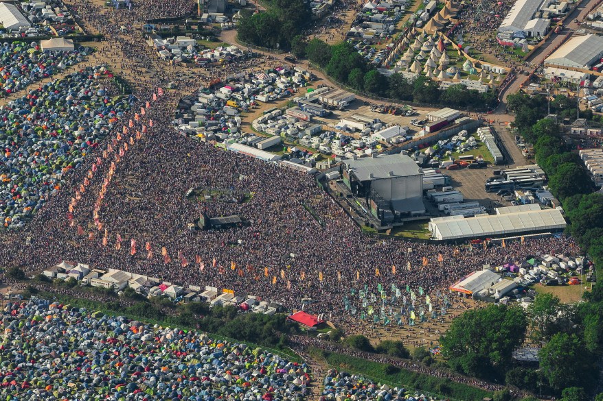 An aerial view of the Glastonbury Festival at the start of the weekend, near Pilton, Somerset, England on June 28, 2024.